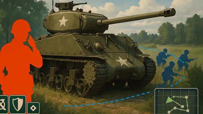 Танк Sherman в игре Sherman Commander с элементами интерфейса стратегии.
