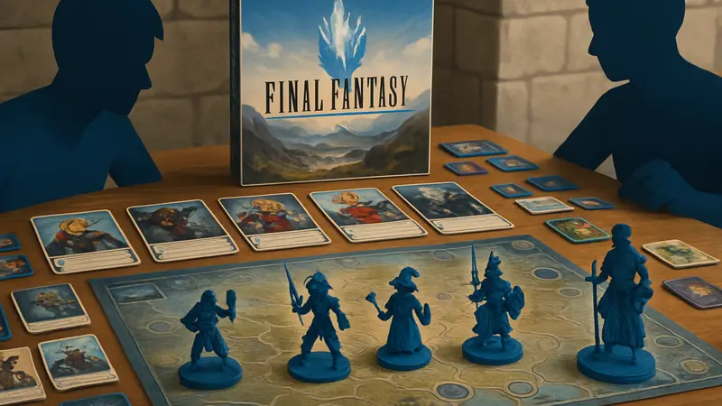 Изображение настольной игры Final Fantasy, показывающее карты и миниатюры героев RPG франшизы