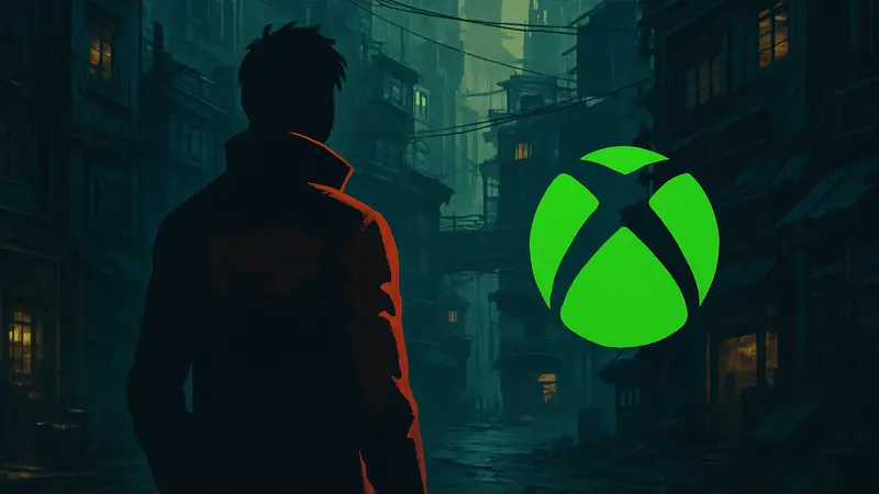 Скриншот из игры Replaced, демонстрирующий персонажа в киберпанк-стилистике, с логотипом Xbox.