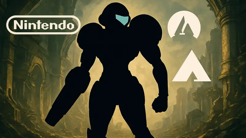 Самус Аран из Metroid, логотипы Nintendo и киностудий на заднем плане