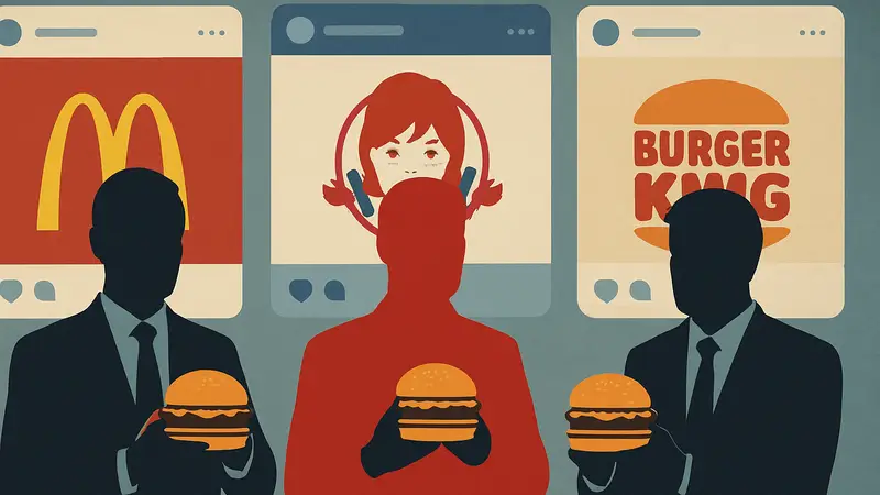 CEO фастфуд-компаний, держащие бургеры, на фоне логотипов своих брендов в соцсетях