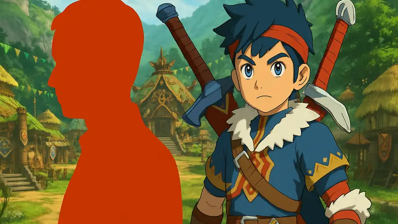 Скриншот Monster Hunter Stories 3 с изображением главного героя и актера озвучки