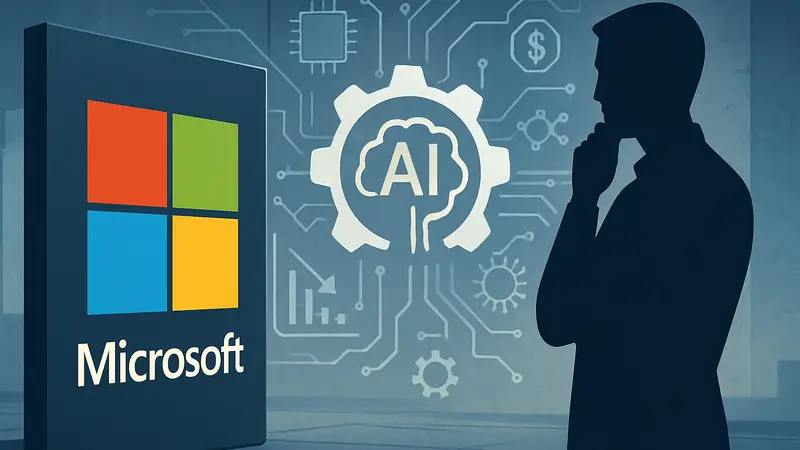 Логотип Microsoft рядом с символами искусственного интеллекта, показывающий стратегию оптимизации затрат.