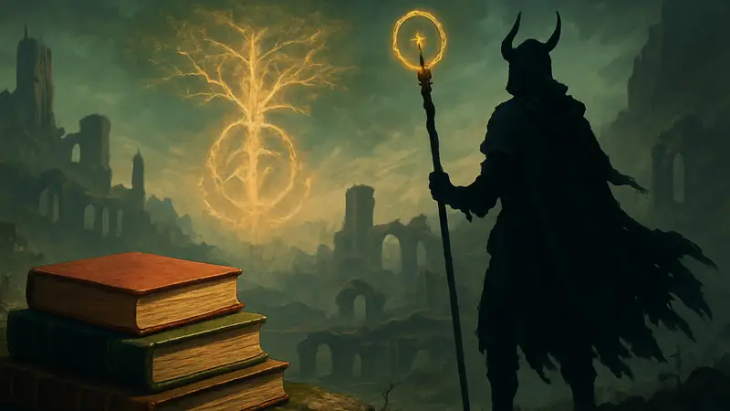 Стилизованный арт Elden Ring с книгами на переднем плане.