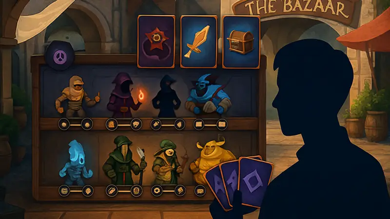 Игровой процесс автобаттлера The Bazaar с карточками, боевыми юнитами и интерфейсом.