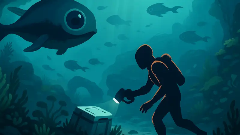 Подводный пейзаж из Subnautica 2 с головастиками и игровым персонажем, ищущим спрятанный предмет.