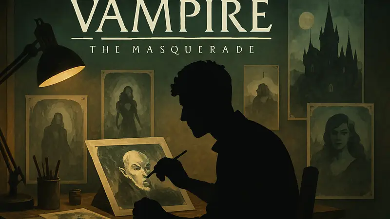 Логотип Vampire: The Masquerade на фоне изображения с художником, рисующим иллюстрации для настольной игры.