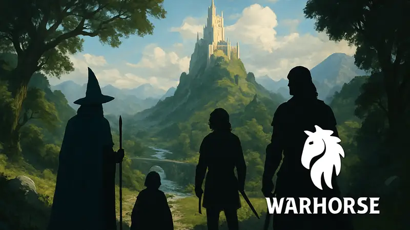 Фэнтезийный арт по "Властелину колец" с логотипом Warhorse Studios.