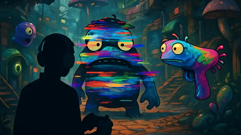 Кадр из игры High on Life 2, демонстрирующий проблемы с HDR и багами, требующими исправления игроками
