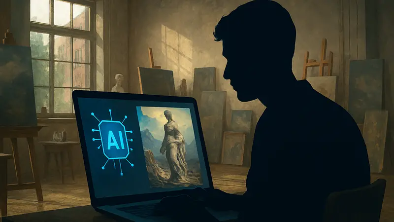 Студент художественной школы использует инструменты ИИ для создания цифрового искусства