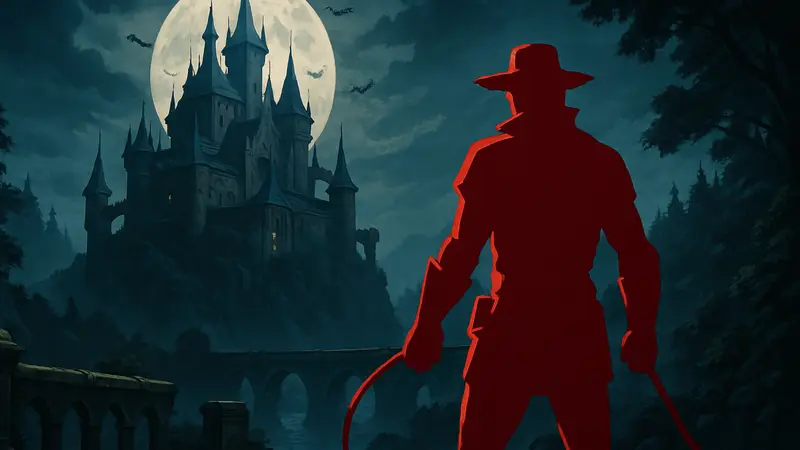 Скриншот из игры Castlevania: Belmont's Curse, показывающий атмосферу и главного героя серии.