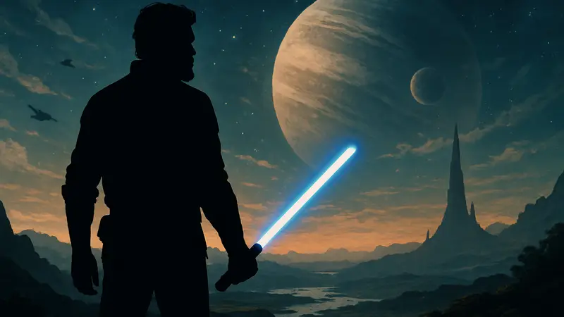 Постаревший Кал Кестис со световым мечом в Star Wars Jedi 3, на фоне галактических пейзажей.