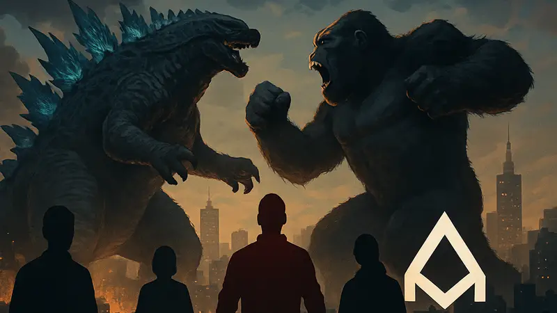 Годзилла и Конг сражаются на фоне города, логотипы Godzilla x Kong: Titan Chasers и Monarch: Legacy of Monsters.