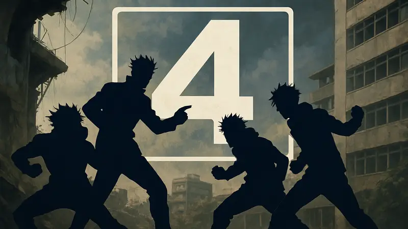 Главные герои аниме «Магическая битва» на фоне логотипа 4 сезона, демонстрирующие напряженность и динамизм.