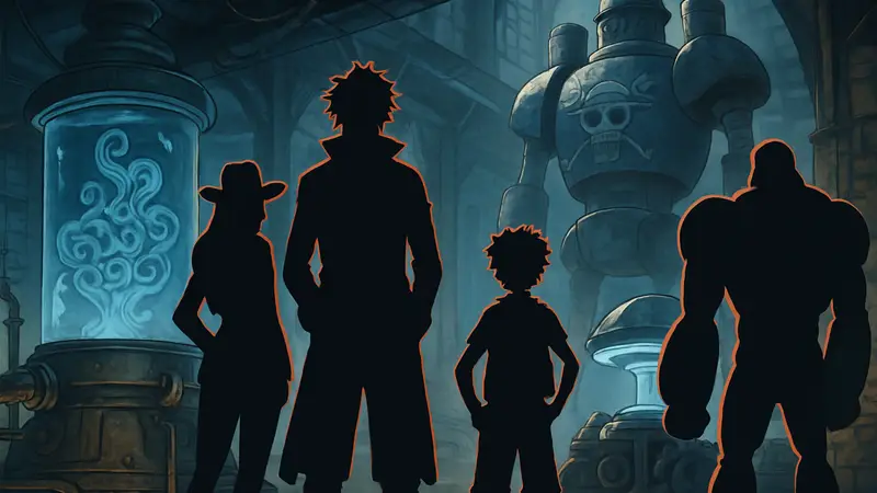 Персонажи One Piece или изображения мощных технологий из манги, не показанных в аниме-сериале.