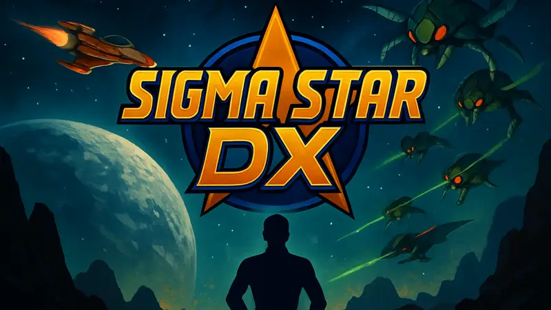 Логотип Sigma Star Saga DX, стилизованный под космическую аркаду.