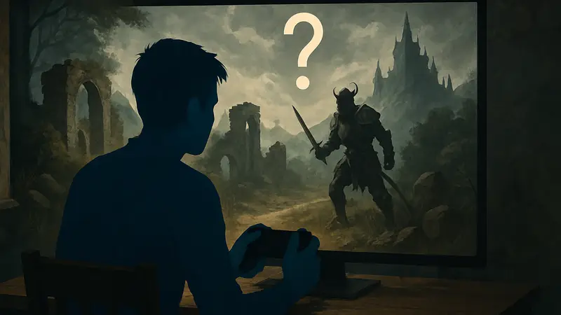 Человек, застрявший в игре, с вопросительным знаком над головой, символизирующий парадокс "плохой, но затягивающей игры".