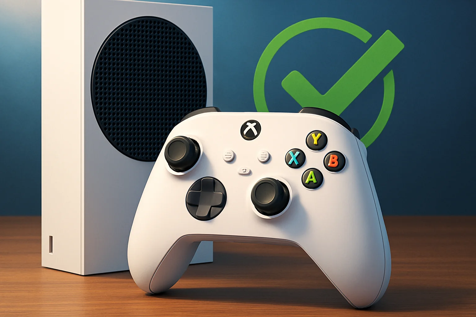 Беспроводной геймпад Xbox Wireless (2025) на столе рядом с консолью Xbox, символизирующий выгодную покупку.