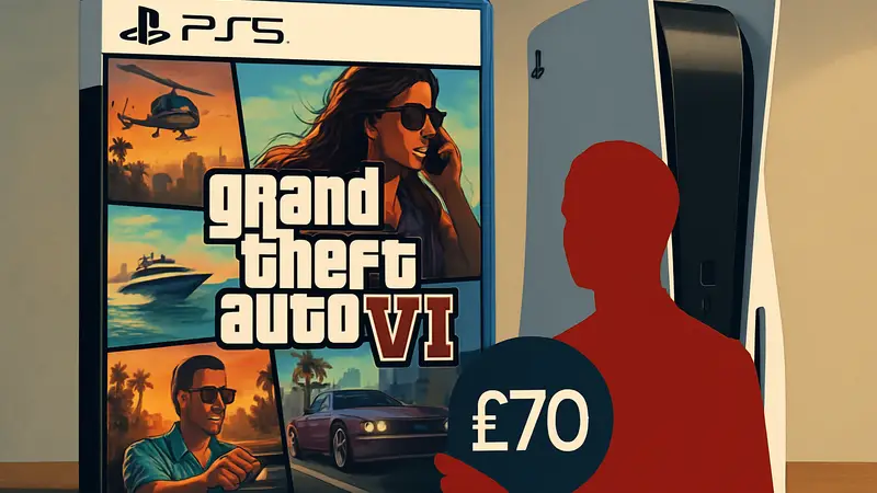 Обложка GTA 6 на фоне консоли PlayStation 5 с указанием цены предзаказа в £70