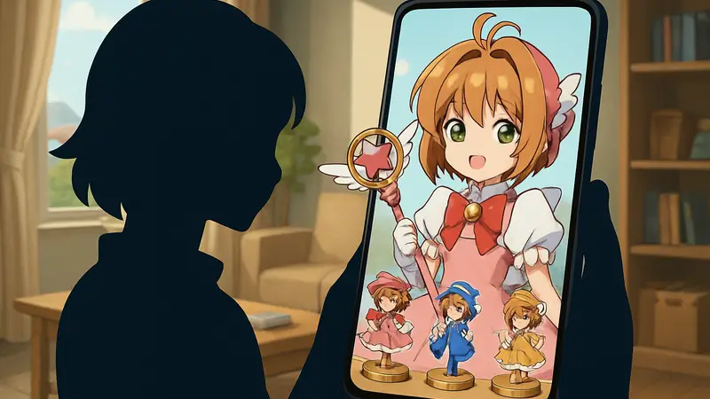 Мобильная игра Cardcaptor Sakura с главной героиней в разных костюмах и коллекционными миниатюрами для сбора.