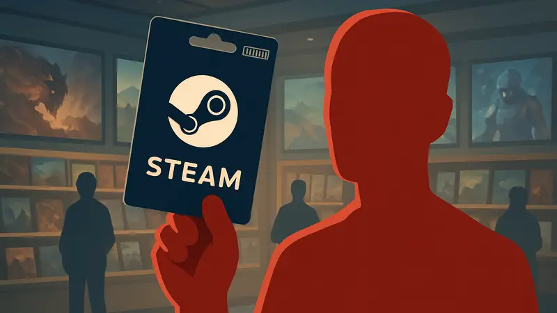 Физическая подарочная карта Steam с логотипом Valve на фоне игрового магазина.