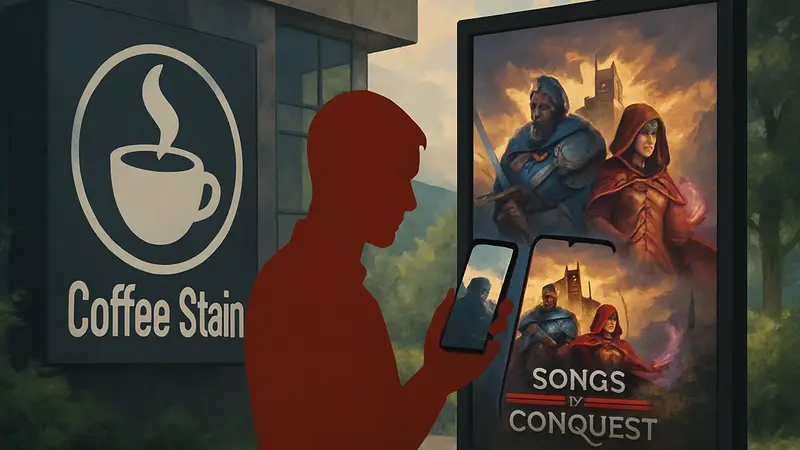 Логотип Coffee Stain Publishing рядом с обложкой игры Songs of Conquest, символизирующей мобильную студию.