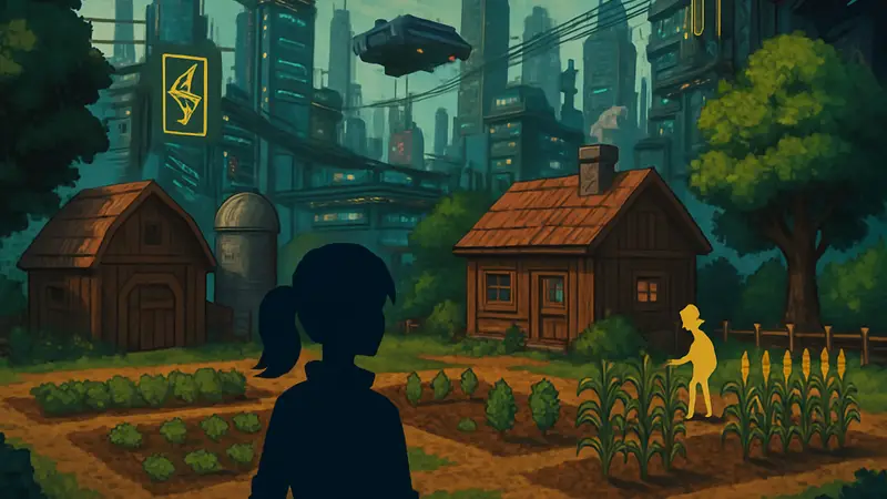 Скриншот новой инди-RPG, сочетающей стили Cyberpunk 2077 и Stardew Valley с элементами киберпанка.
