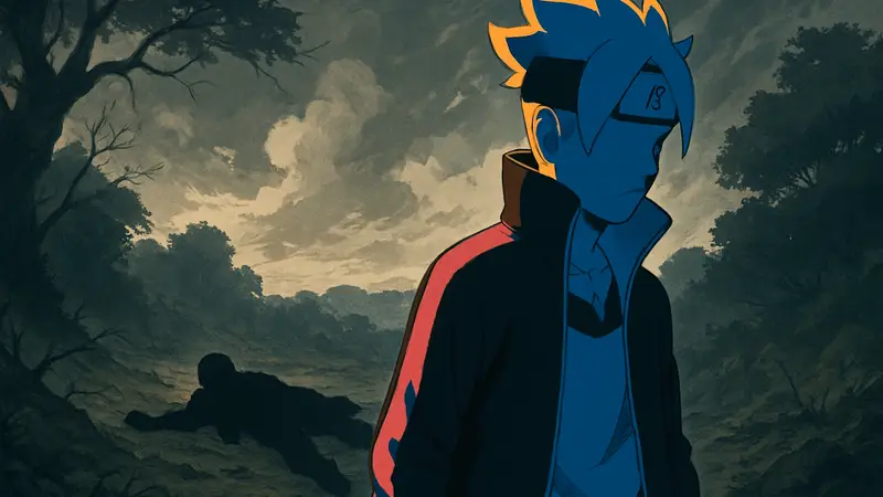 Изображение Боруто Узумаки из манги "Two Blue Vortex" на драматичном фоне, символизирующем смерть персонажа.