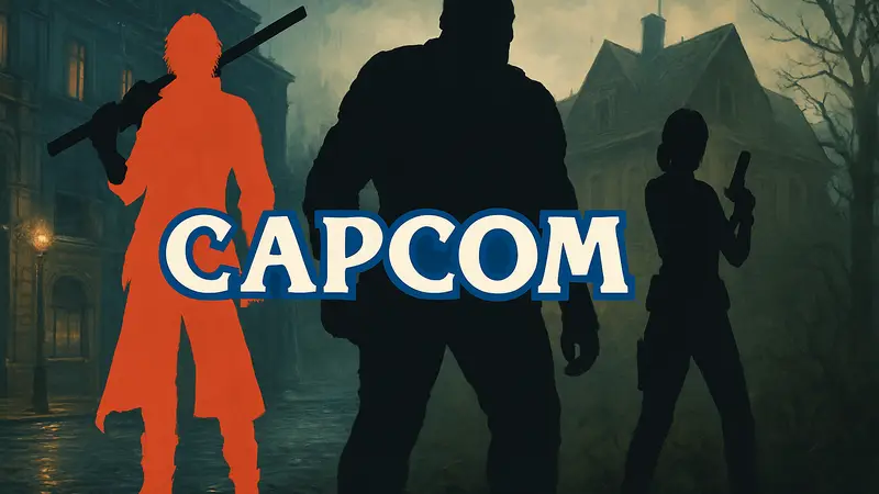 Логотип Capcom на фоне персонажей Devil May Cry и Resident Evil, иллюстрация утечек планов