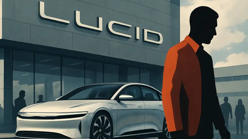 Электромобиль Lucid Air и логотип Lucid Motors на фоне смены руководства компании