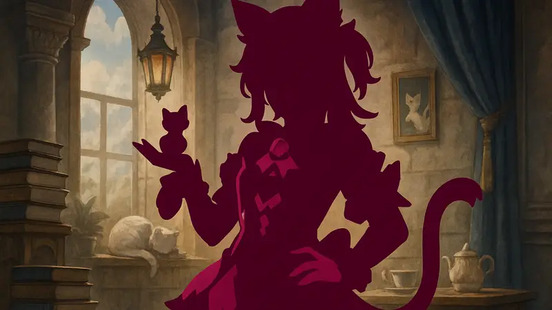 Косплеер Лобсти в образе Пардофелис из Honkai Impact 3rd в костюме Meowtose Macchiato, студийная фотосессия.