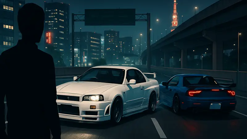 Изображение демонстрирует ночную гонку в Tokyo Xtreme Racer с тюнингованными автомобилями на PlayStation 5.