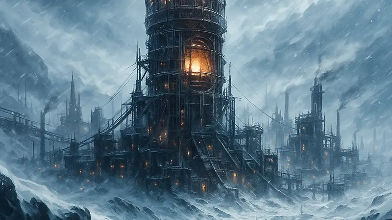 Обложка игры Frostpunk 2, демонстрирующая заснеженный, индустриальный город посреди бури и метели.