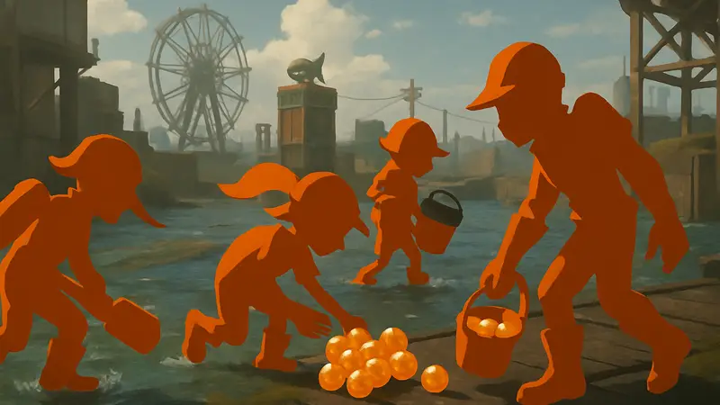 Персонажи Splatoon 3 в режиме Eggstra Work, собирающие икринки на уровне.
