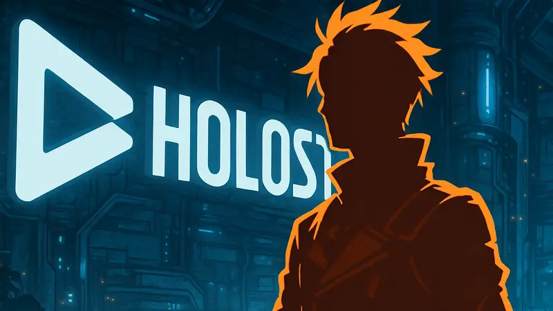 Изображение VTuber Octavio из Holostars на фоне логотипа Holostars. Аниме-персонаж в кибер-стиле.