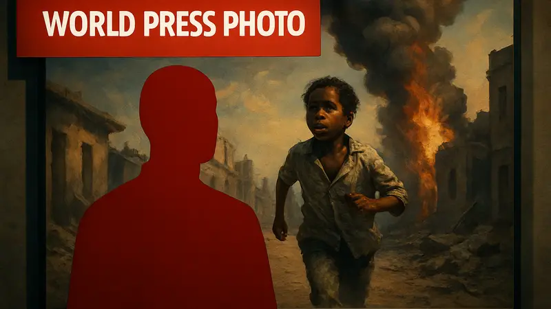 Логотип World Press Photo на фоне фотографии-победителя, демонстрирующей влияние ИИ.
