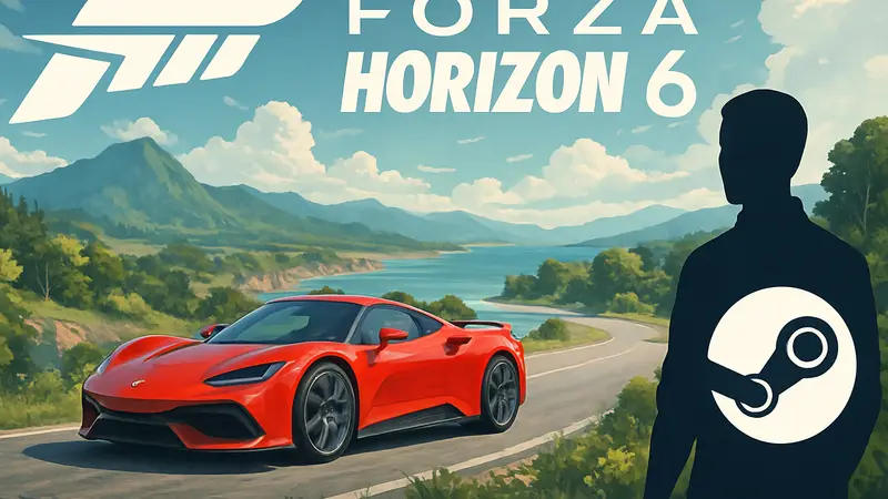 Логотип Forza Horizon 6, автомобиль на фоне живописного пейзажа, Steam