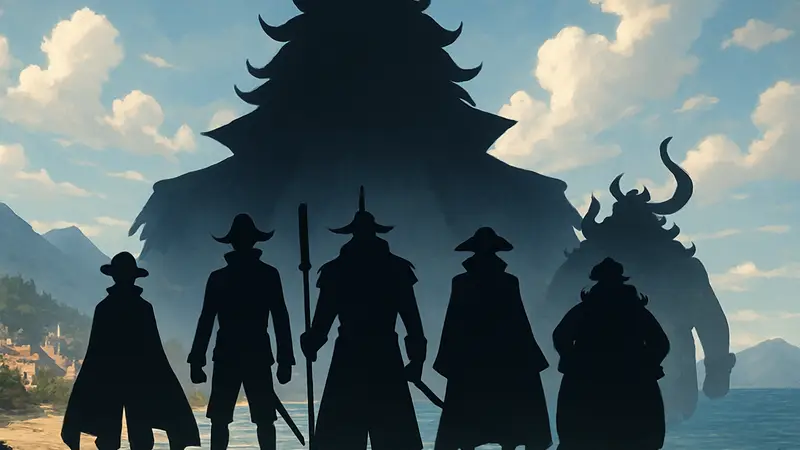 Шесть сильнейших персонажей One Piece, которые могли бы превзойти Рокса Д. Ксебека, на фоне его силуэта.