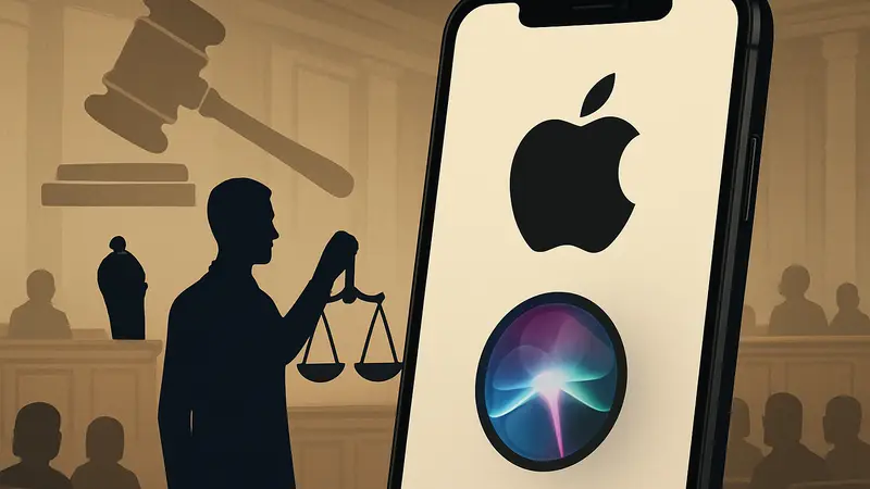 Логотип Apple и иконка Siri на экране iPhone, символизирующие судебное разбирательство.