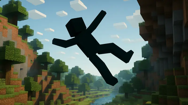 Minecraft с ragdoll-физикой: персонаж в полёте как тряпичная кукла.
