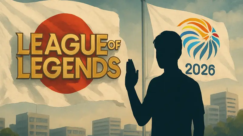 Логотип League of Legends на фоне флага Японии и Азиатских игр 2026, символизирующий отказ от участия.