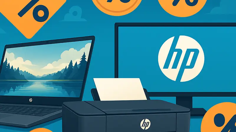 Изображение различных продуктов HP: ноутбука, принтера и монитора, с символами скидок.