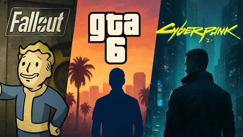 Обзор главных игровых новостей: Fallout, GTA 6, Cyberpunk 2. Логотипы игр на фоне.