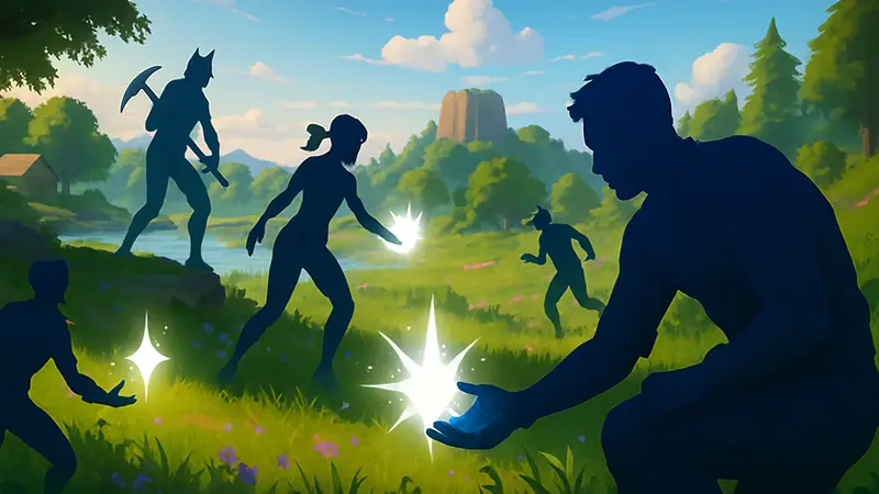 Персонажи Fortnite собирают сияющие предметы во время 'Часов сияния' на новой карте.