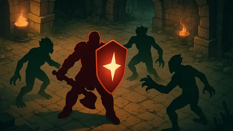 Игровой скриншот Don't Lose Aggro с персонажем-танком, удерживающим группу мобов.