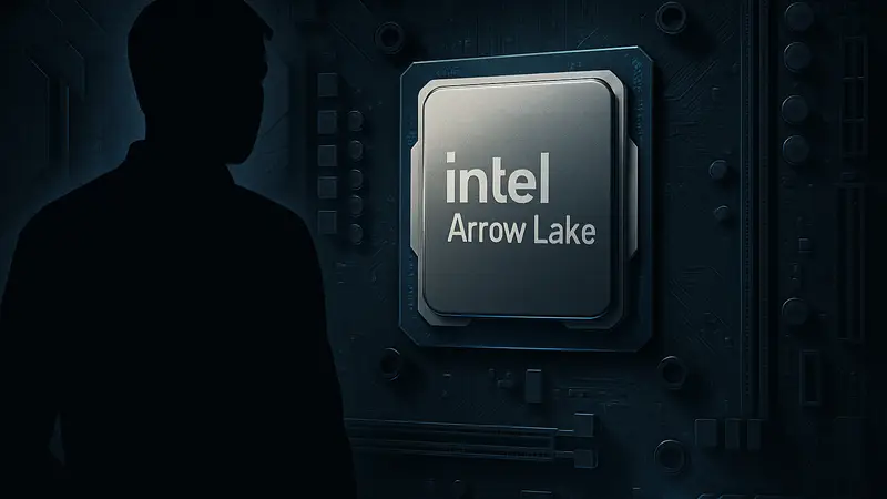 Процессор Intel Arrow Lake на фоне материнской платы с подсветкой.