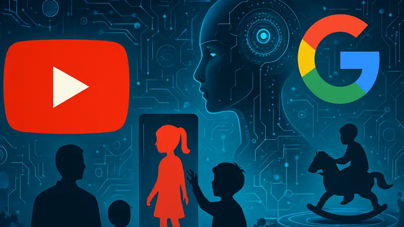 Логотип YouTube и Google на фоне футуристического изображения с элементами ИИ и детского контента, отражающего инвестиции.
