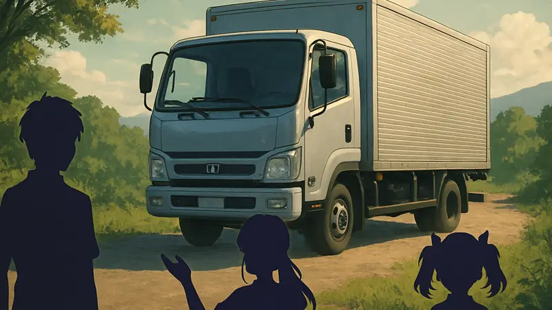 Обложка игры Truck-kun Is Supporting Me from Another World с изображением грузовика и персонажей аниме
