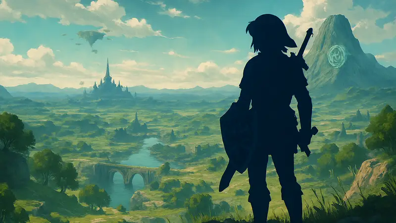 Арт с Линком из Legend of Zelda: Tears of the Kingdom, на фоне Хайрула