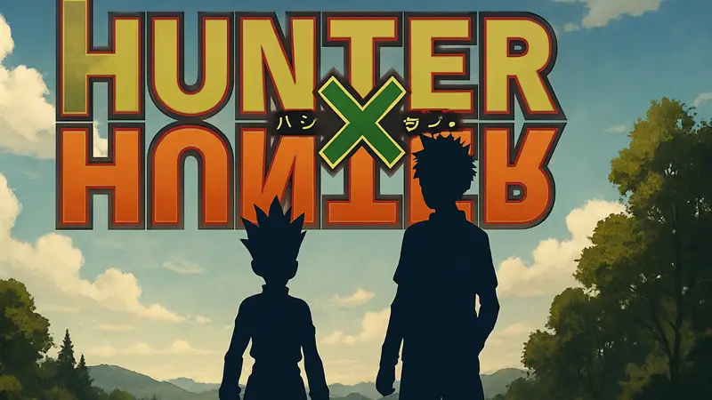 Арт с главными героями манги Hunter x Hunter, Гон Фрикс и Киллуа Золдик, на фоне логотипа. Возвращение манги.
